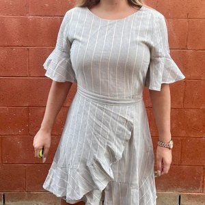 White, Thin Blue Striped Wrap Mini Dress